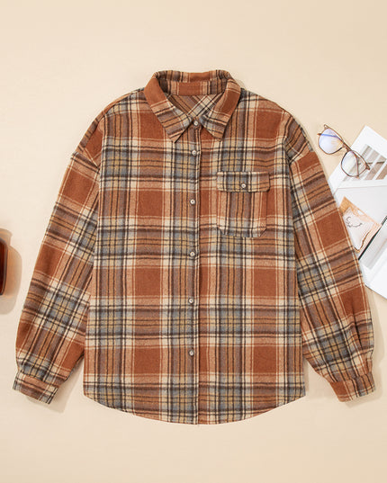 Brown Plaid Print Flap Pocket Buttoned Plus Size Shacket
