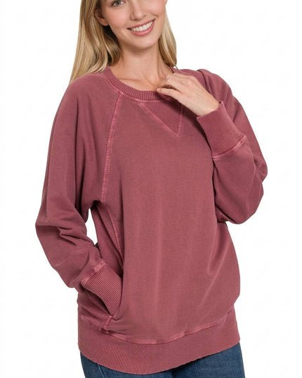 `Washed French Terry Pullover With Side Pockets Zenana