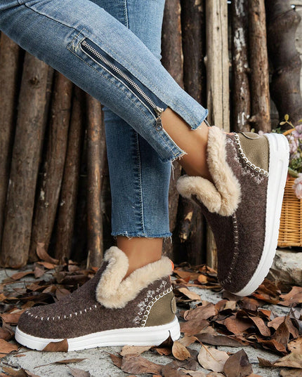 Coffee Suede Stitching Patchwork Plush Lined Anklet Boots