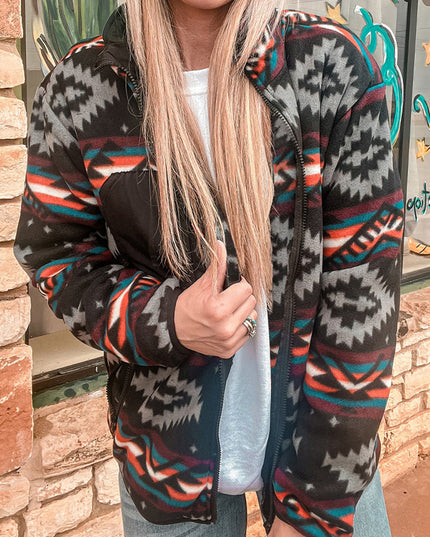 Black Aztec Printed Zip Up Collar Jacket