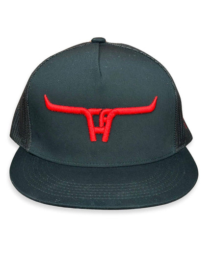 "CA Longhorn" Red Puff - 6006 Black/ Black Mesh, Snapback Cap (2024)