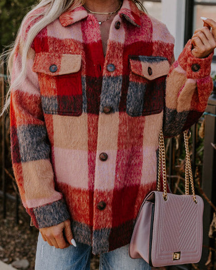 Orange Plaid Print Flap Pockets Buttoned Casual Plus Size Jacket