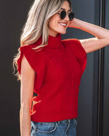Tomato Red Cable Knit Turtleneck Ruffled Short Sleeve Sweater