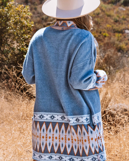 Blue Aztec Print Open Front Knitted Cardigan