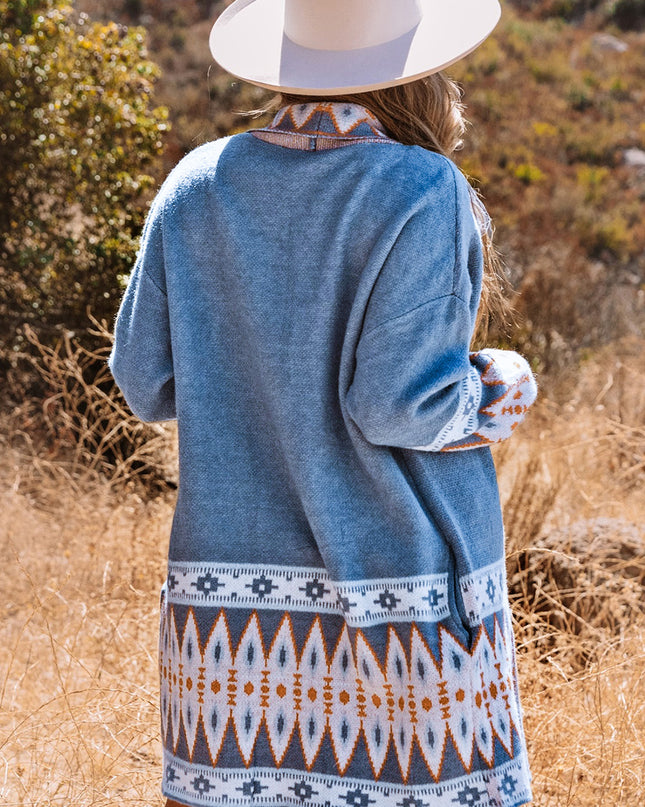 Blue Aztec Print Open Front Knitted Cardigan