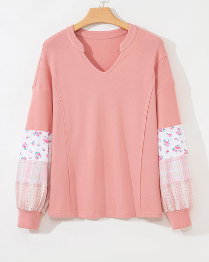 Pink Floral Sleeve Patchwork Waffle Knit Notched V Neck Plus Size Top
