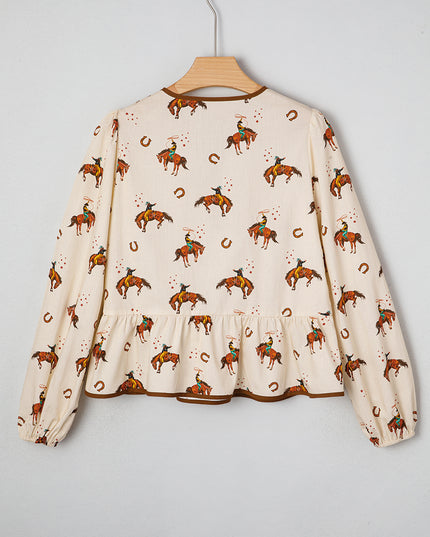 Apricot Western Rodeo Print Tied Front Puff Sleeve Peplum Top