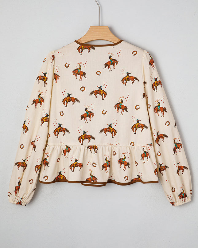 Apricot Western Rodeo Print Tied Front Puff Sleeve Peplum Top