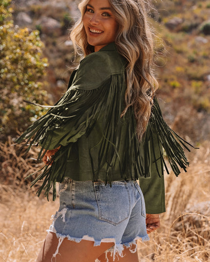 Green Cropped Fringe Faux Suede Jacket