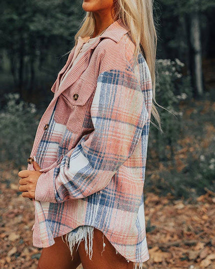 Western Plaid patchwork corduroy oversized jacket Shacket