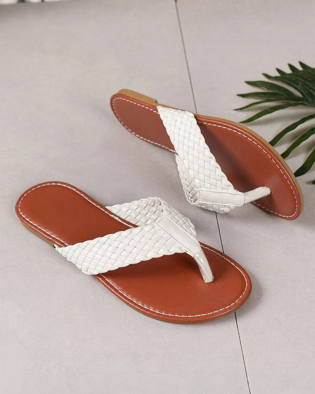 White Braided Strap PU Leather Flip Flop