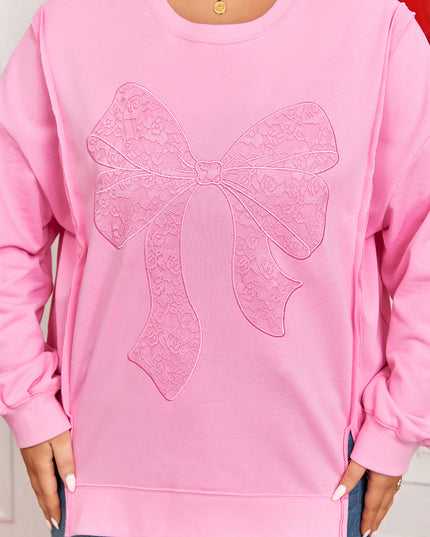 Pink Big Bow Lace Embroidered Dolman Sleeve Slit Plus Size Sweatshirt