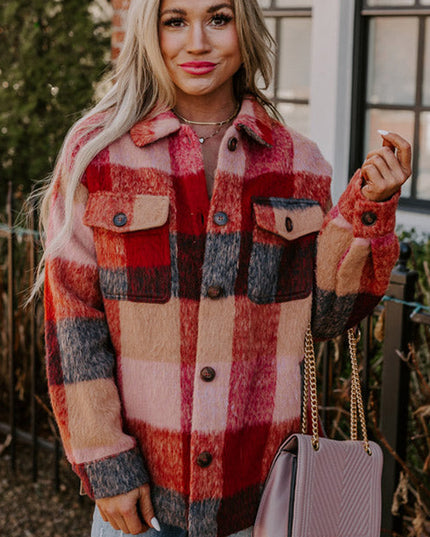 Orange Plaid Print Flap Pockets Buttoned Casual Plus Size Jacket