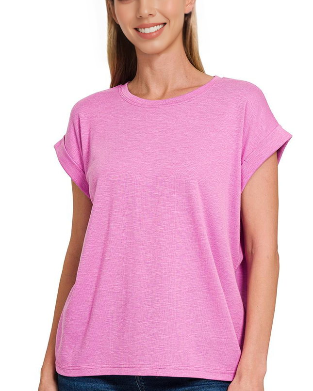Cotton Modal Slub Rolled Sleeve Tee - Zenana