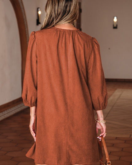 Cinnamon Bracelet Sleeve Split Neck Scallop Detail Pleated Corduroy Mini Dress