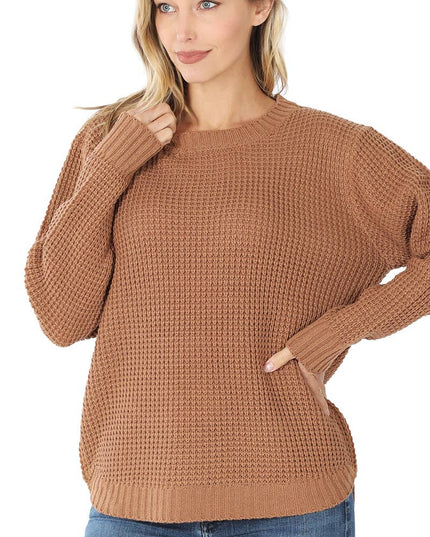 Hi Low Long Sleeve Round Neck Waffle Sweater Zenana