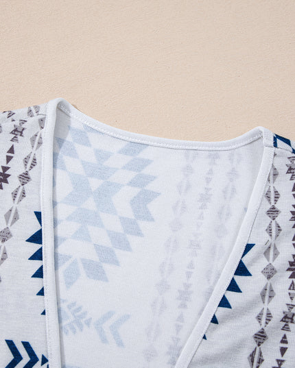 Sky Blue Western Aztec Printed Open Front Long Cardigan