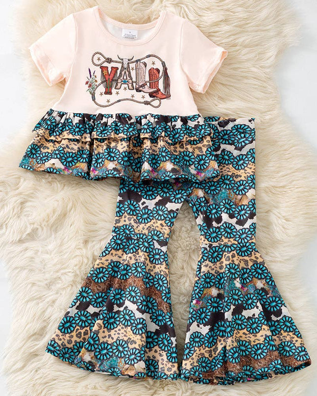 YALL" Western printed tunic w/concho & cow printed along w/ matching bottoms. OFG60883SOL