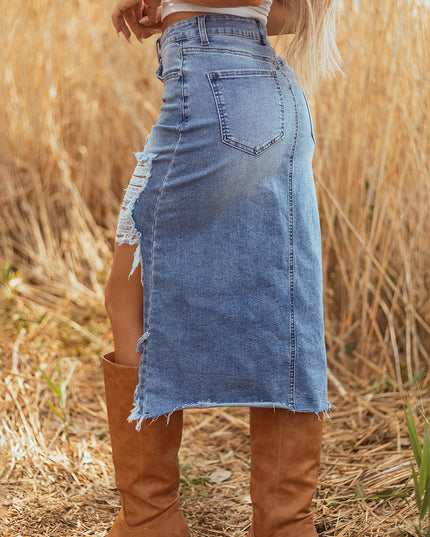 Dearlove Myosotis Irregular Distressed Bottom Denim Midi Skirt