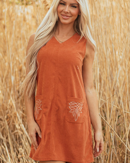 Gold Flame Corduroy Western Embroidered Patched Pocket Shift Sleeveless Mini Dress