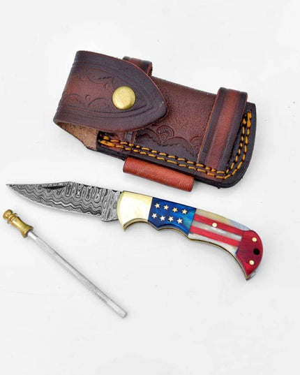 Damascus steel pocket knife Limited Run Titan Patriot TF-055