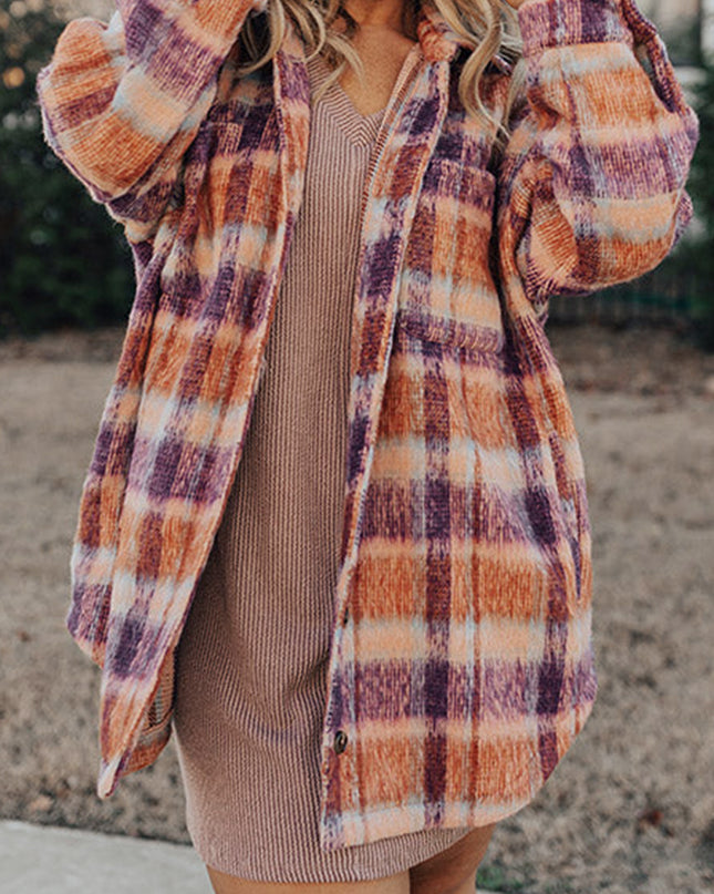 Multicolour Plus Size Plaid Print Collared Button up Jacket