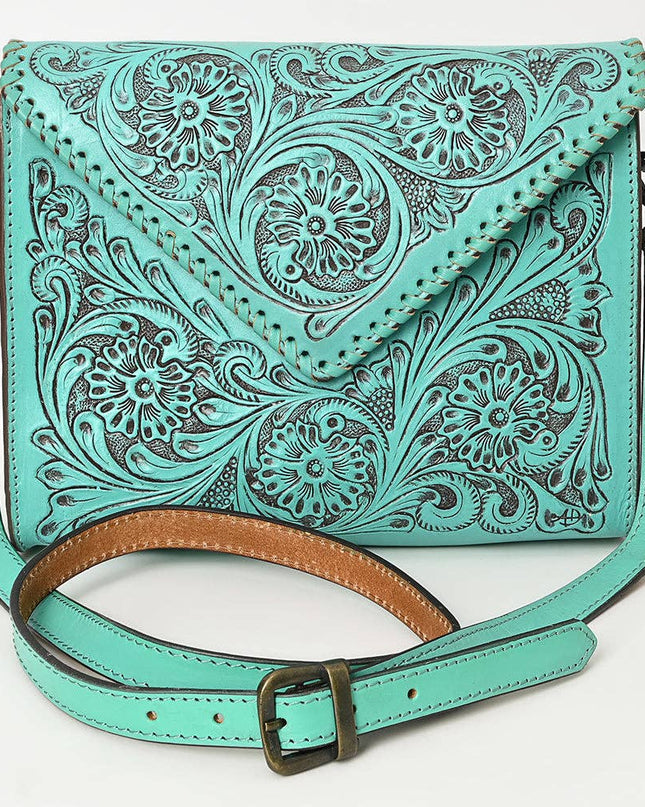 ADBGZ754 Envelope Hand Tooled Leather Wallet Bag - Western Floral Whipstitch Purse