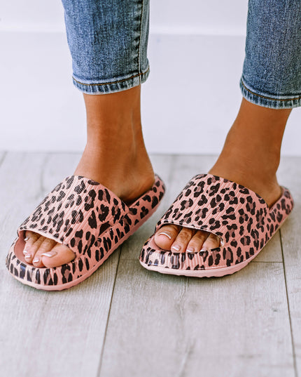 Pink Leopard Print Thick Sole Slip On Slippers