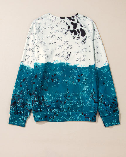 Blue Tie Dye Cow Color Block Pullover Sweatshirt