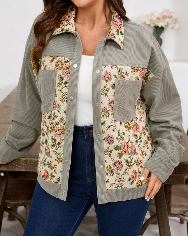 Medium Grey Corduroy Floral Patchwork Vintage Jacket