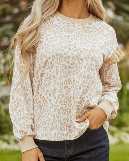 Khaki Leopard Ruffle Detail Ribbed Trim Round Neck Sweatshirt